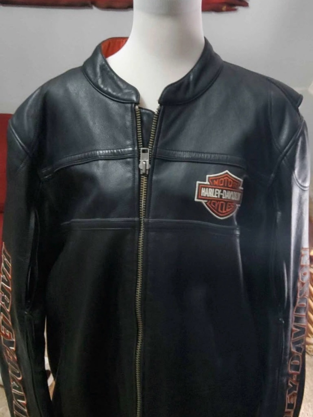 Harley-Davidson Black Leather Jacket size 2XL with Orange Patch & Sleeve Logos